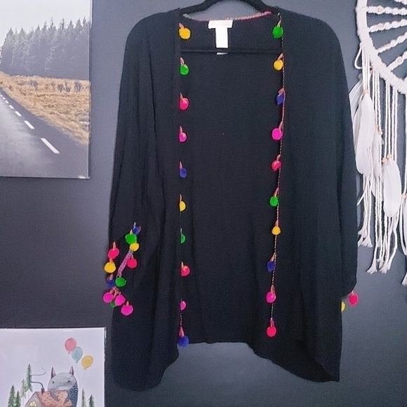 COLLECTION Eighteen Black Multicolor Party Pom Pom Trim Kimono O/S 100% Rayon - Picture 1 of 4